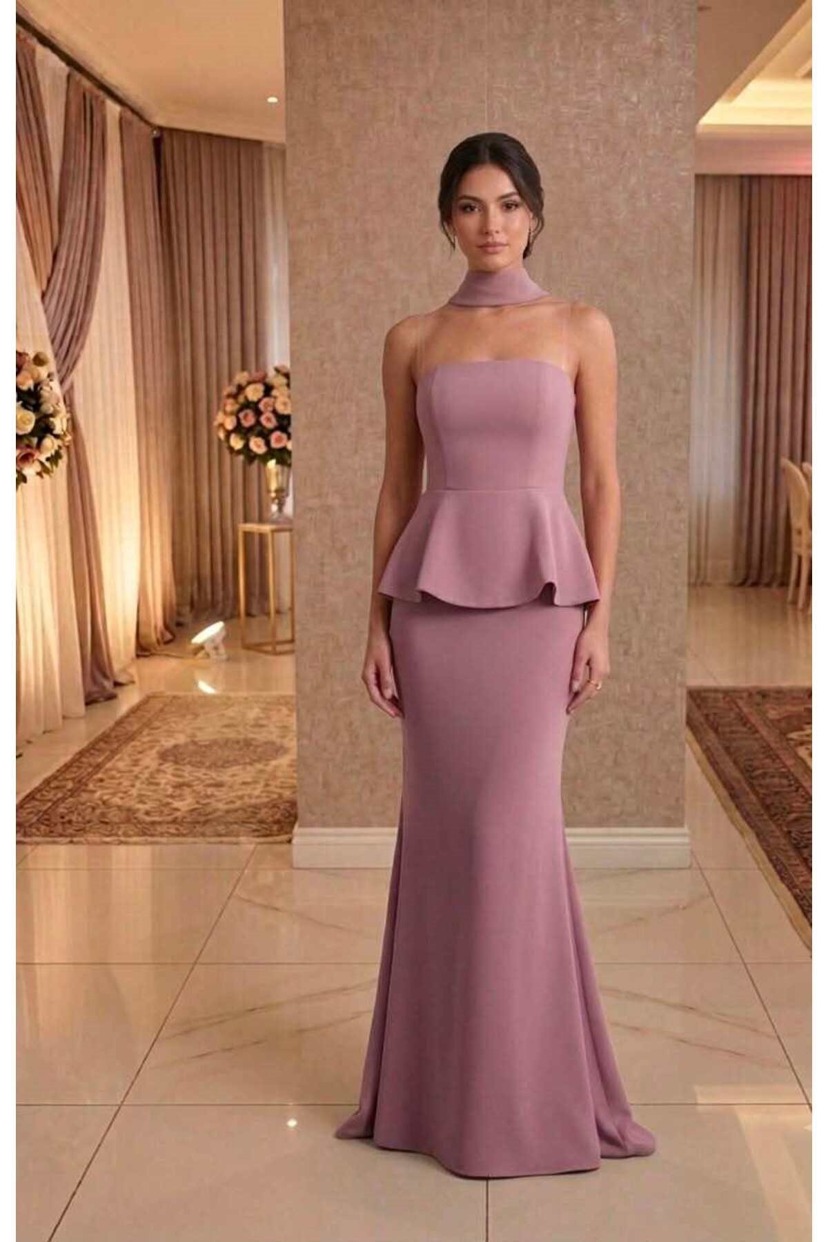 Pudra Pembesi Straplez Peplum Şal Detaylı Balık Abiye Elbise