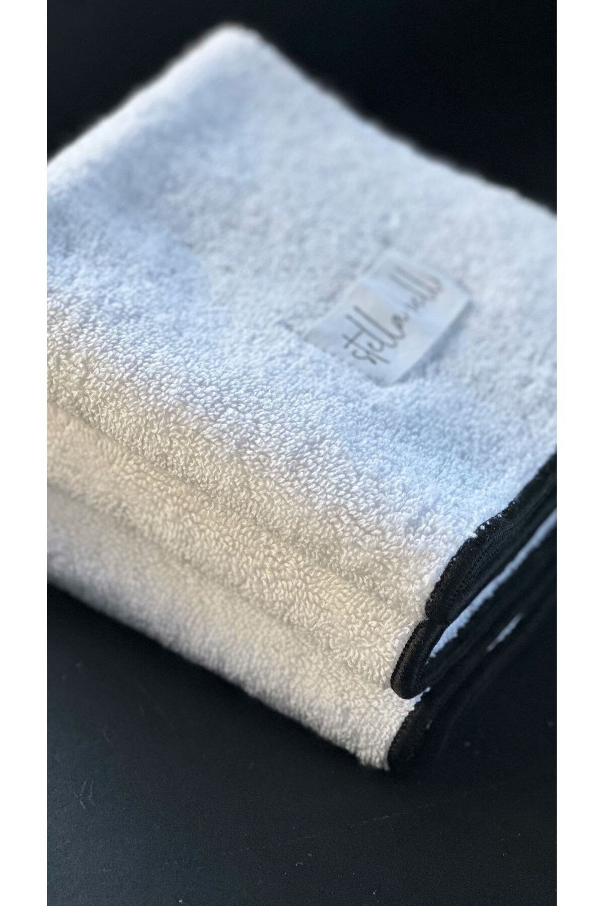 %100 Pamuk 30 X 30 Cm 3lü Havlu Seti | Banyo Otel | Beyaz Renk | Soura | Kenar Siyah Özel Işlemeli