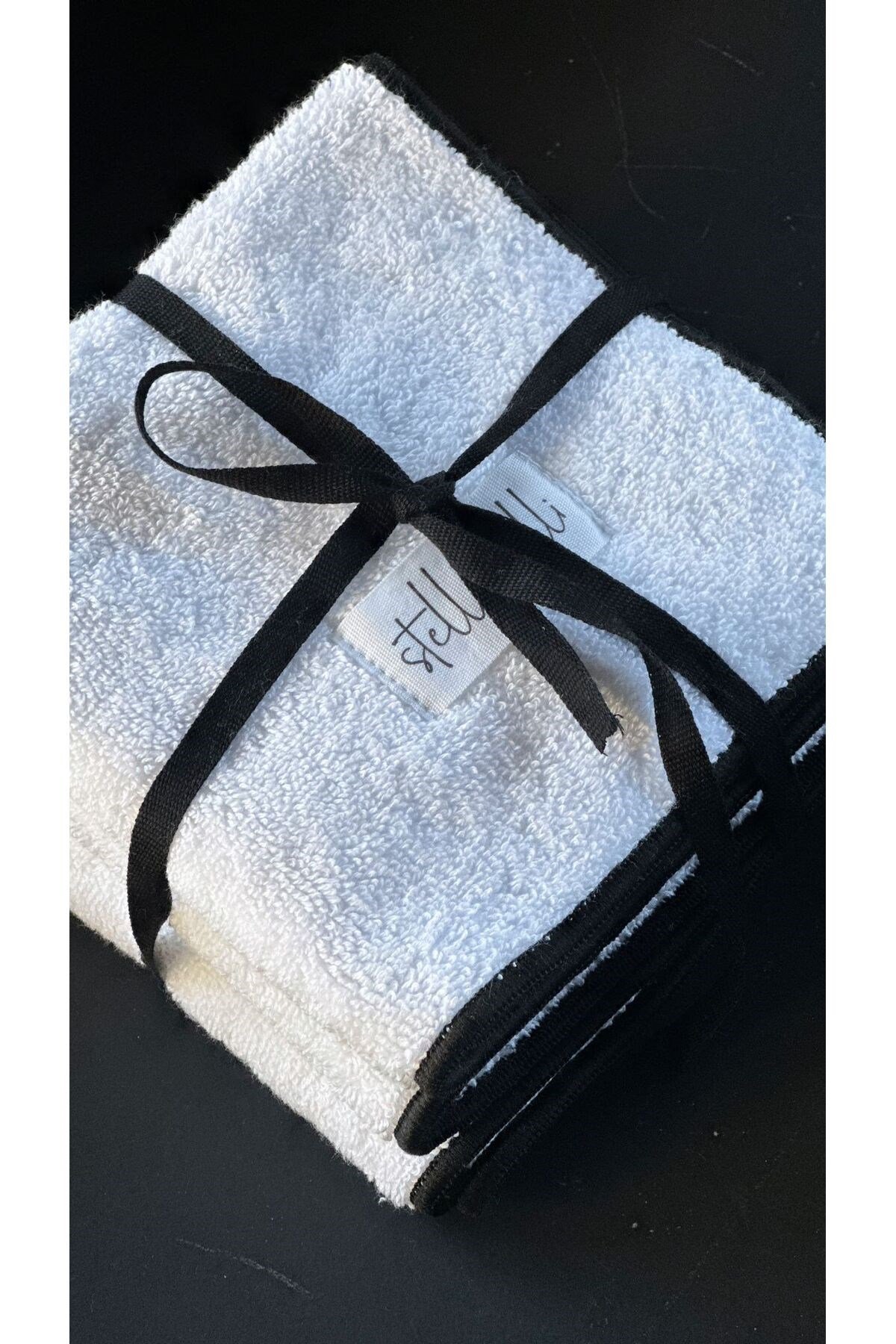 %100 Pamuk 30 X 30 Cm 3lü Havlu Seti | Banyo Otel | Beyaz Renk | Soura | Kenar Siyah Özel Işlemeli