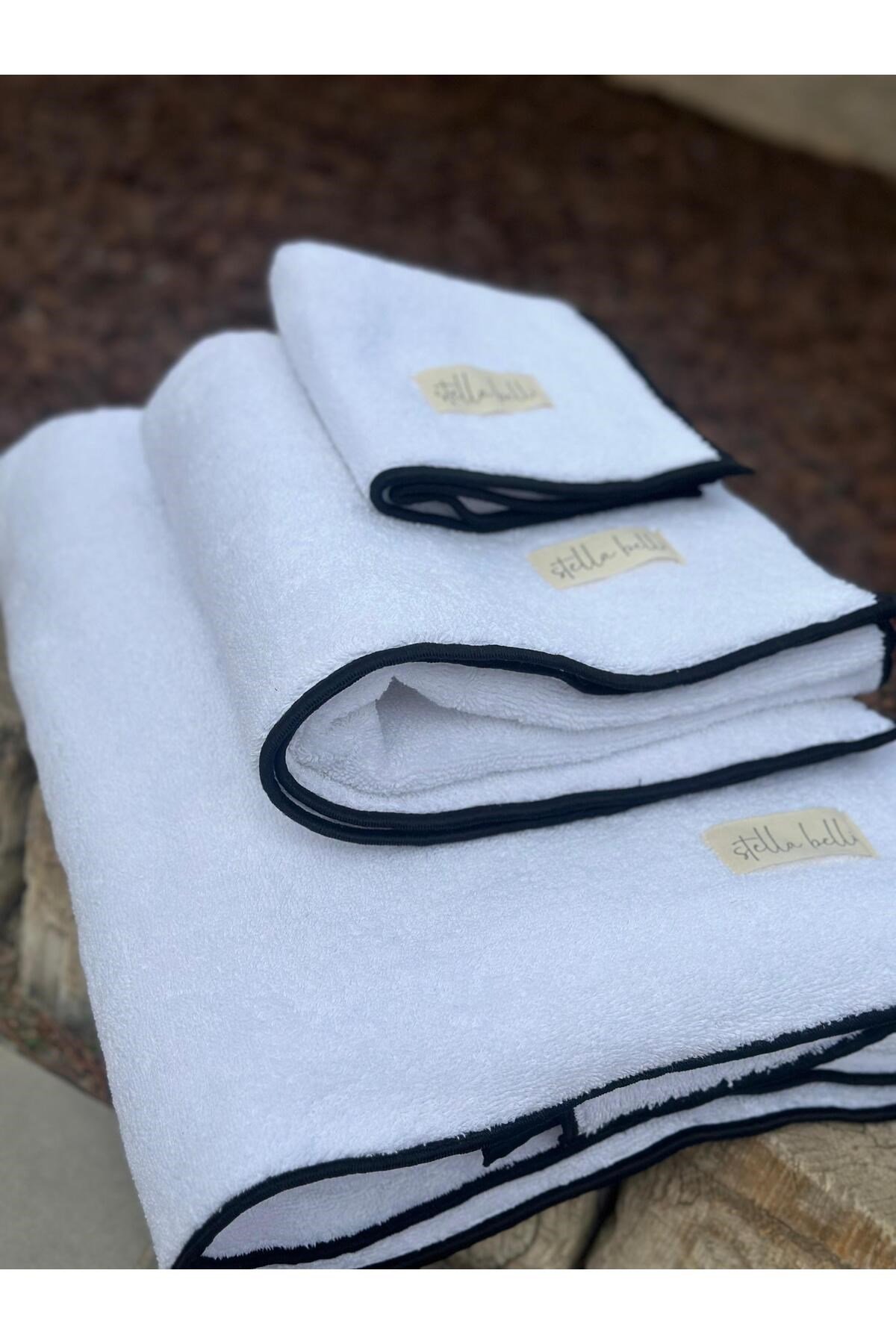 %100 Pamuk Bukle 3lü Banyo Havlu Set, Otel, Plaj | Beyaz Renk | Soura | Kenar Siyah Özel Işlemeli