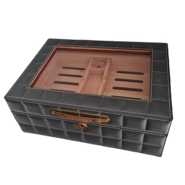 Lubinski Deri Camlı Humidor Puro Kutusu Gri 50s