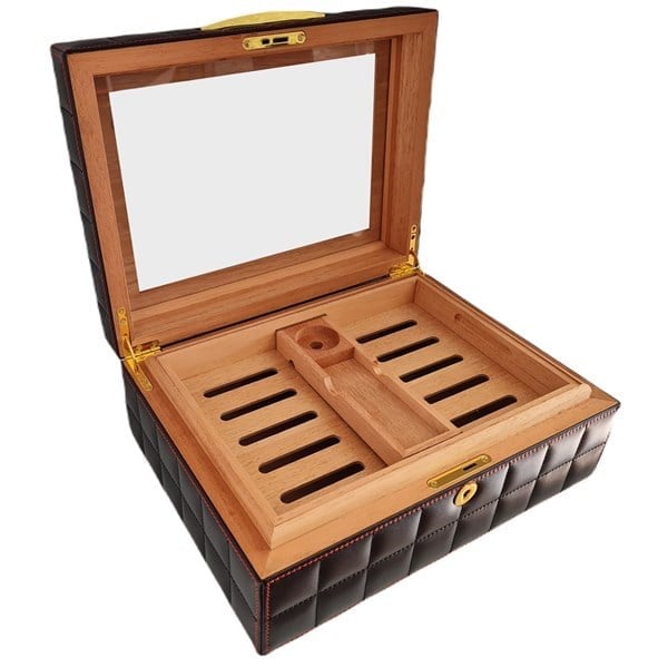 Lubinski Deri Camlı Humidor Puro Kutusu Siyah 50s