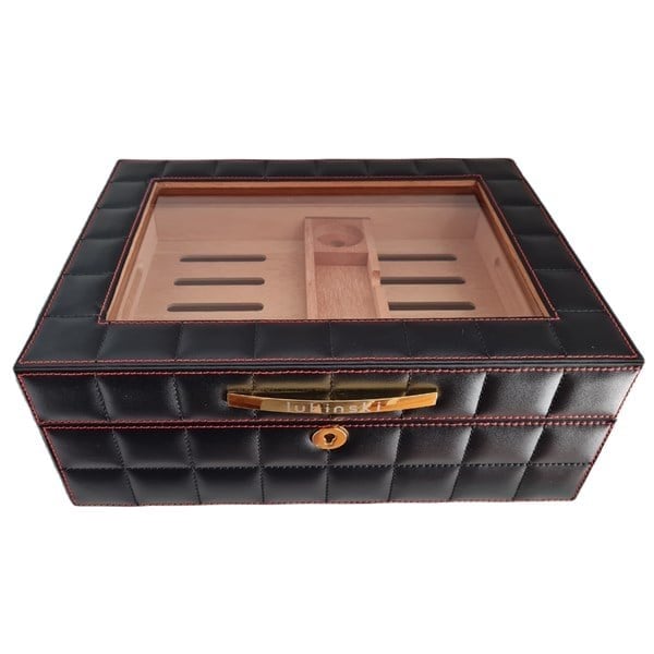 Lubinski Deri Camlı Humidor Puro Kutusu Siyah 50s