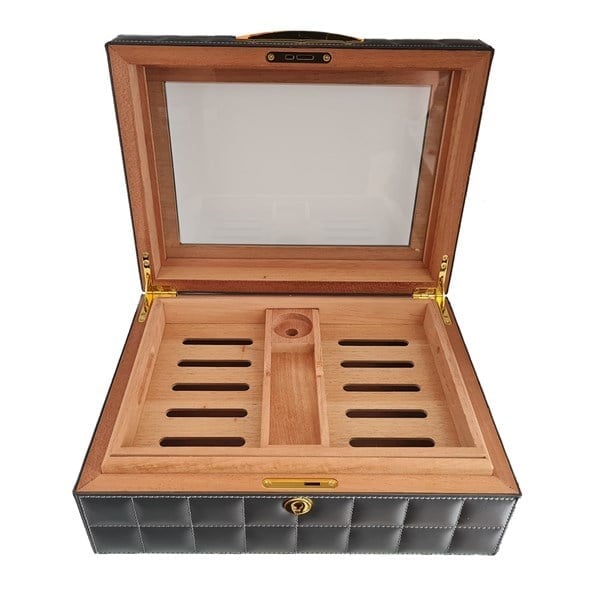 Lubinski Deri Camlı Humidor Puro Kutusu Gri 50s