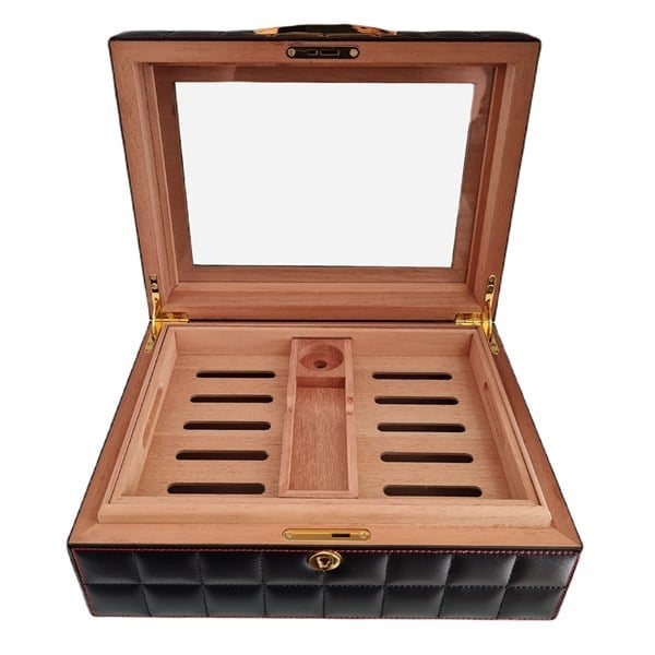 Lubinski Deri Camlı Humidor Puro Kutusu Siyah 50s