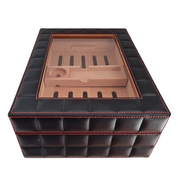 Lubinski Deri Camlı Humidor Puro Kutusu Siyah 50s