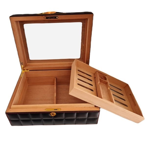 Lubinski Deri Camlı Humidor Puro Kutusu Siyah 50s