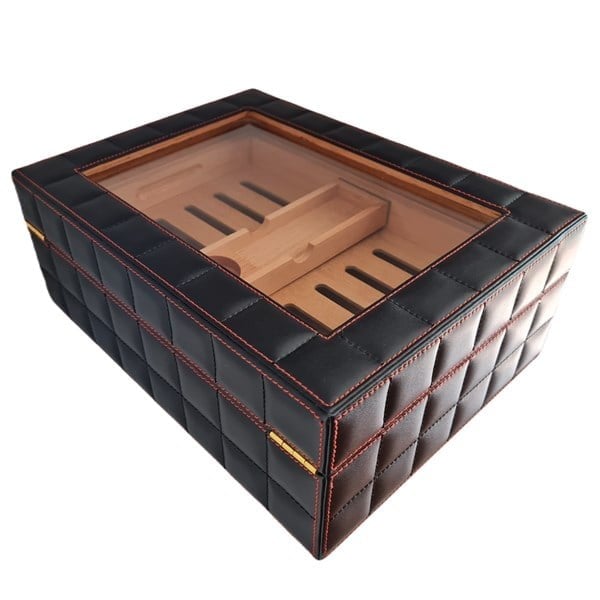 Lubinski Deri Camlı Humidor Puro Kutusu Siyah 50s