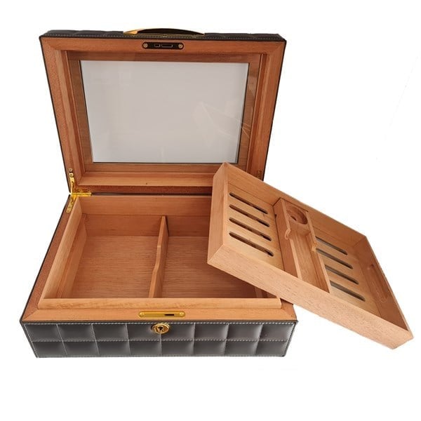 Lubinski Deri Camlı Humidor Puro Kutusu Gri 50s