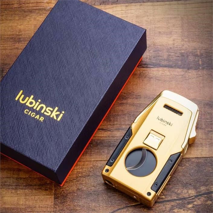 Lubinski Premium Çift Torch Puro Çakmağı Dahili Yarasa Kesici - Delici ve Sehpa Özellikli Gold
