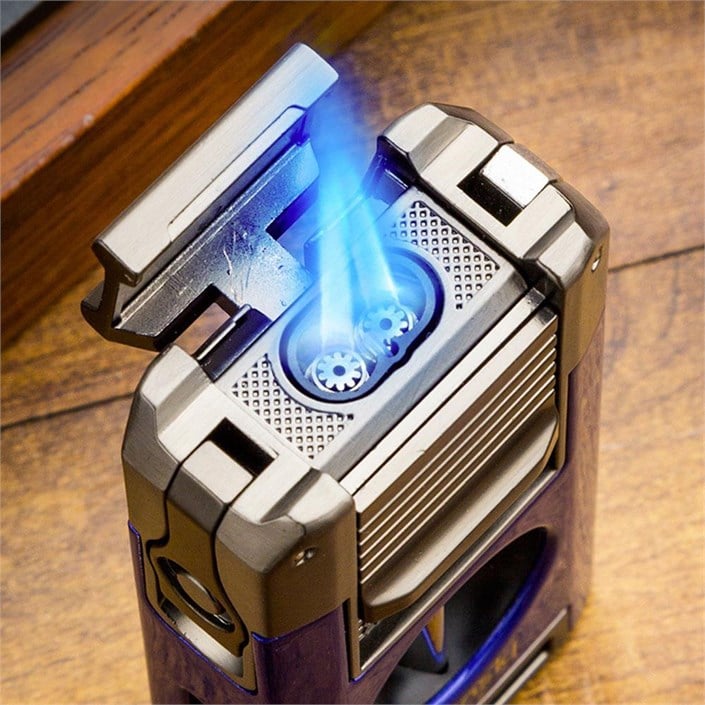 Lubinski Premium Çift Torch Puro Çakmağı Dahili V-Cut Kesici - Delici - İğne- Sehpa Mavi