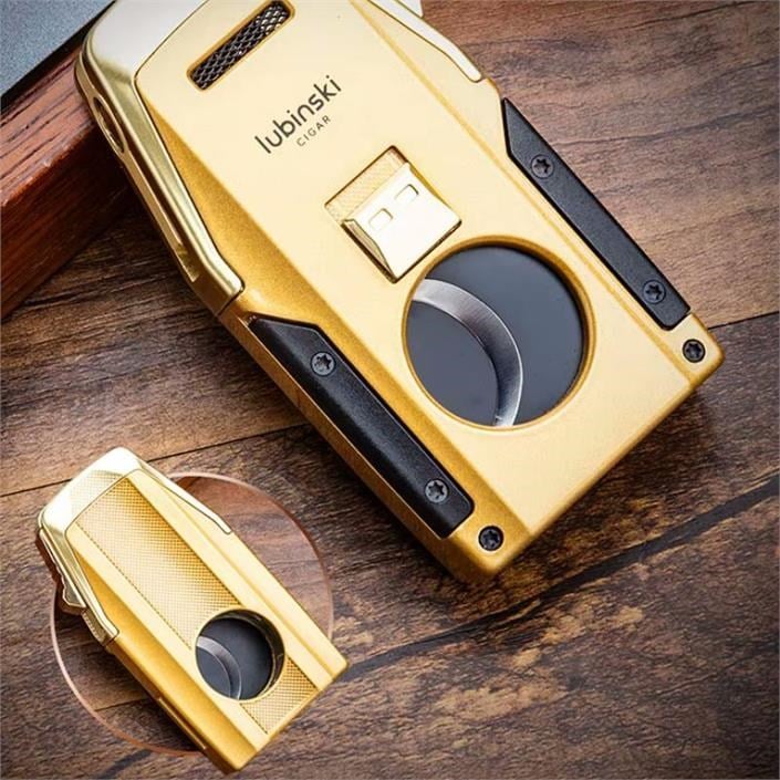 Lubinski Premium Çift Torch Puro Çakmağı Dahili Yarasa Kesici - Delici ve Sehpa Özellikli Gold
