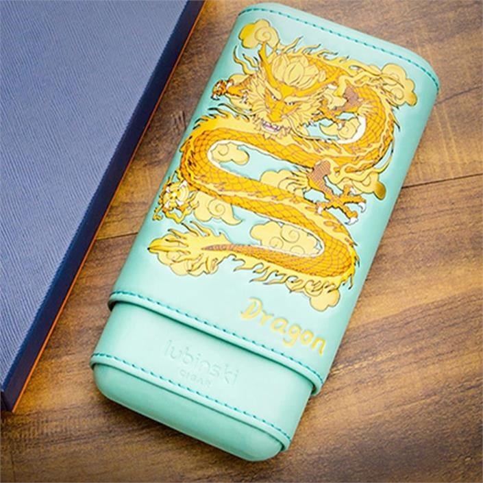 Lubinski Special Edt. Elegant Dragon Gerçek Deri Üçlü Sedirli Puro Kılıfı - Turkuaz(52 Ring)