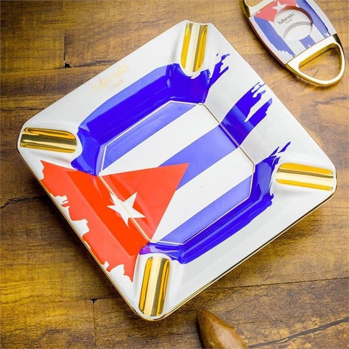 Lubinski Yeni Seri Cuban Flag Design Üçlü Puro Seti Çakmak+Kesici+Küllük
