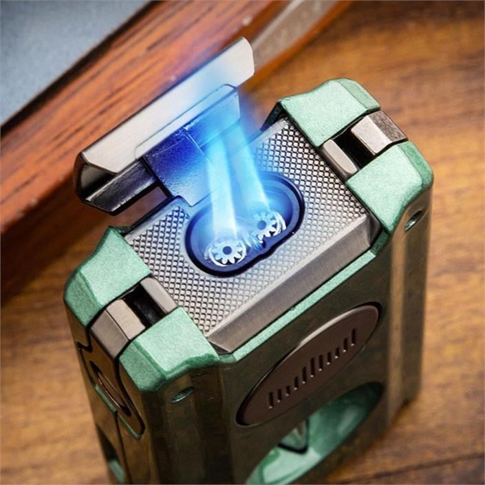 Lubinski Yeni Seri Dahili V-Cutter Delicili ve İğneli Çift Torch Puro Çakmağı Yeşil