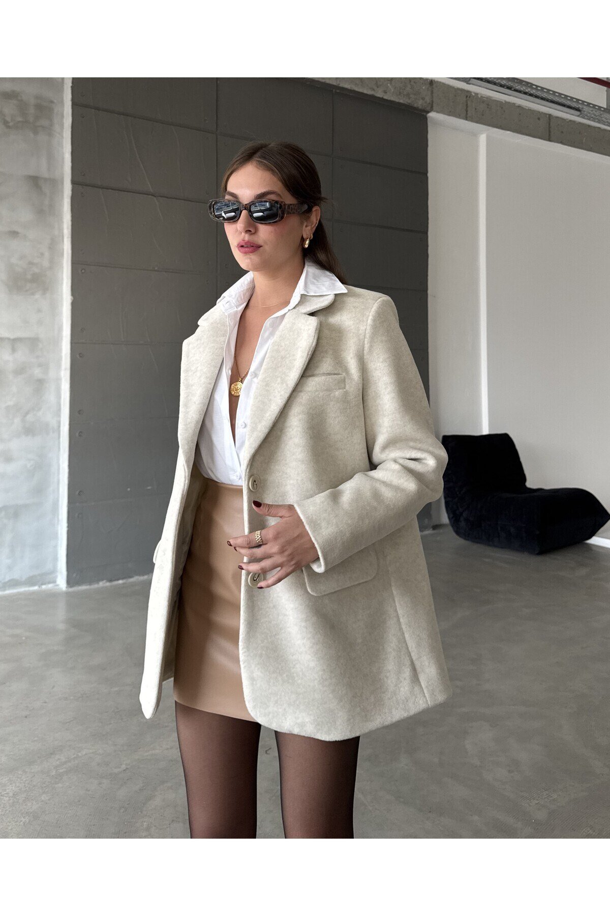 Kadın Bej Cep Detaylı Oversize Blazer Ceket