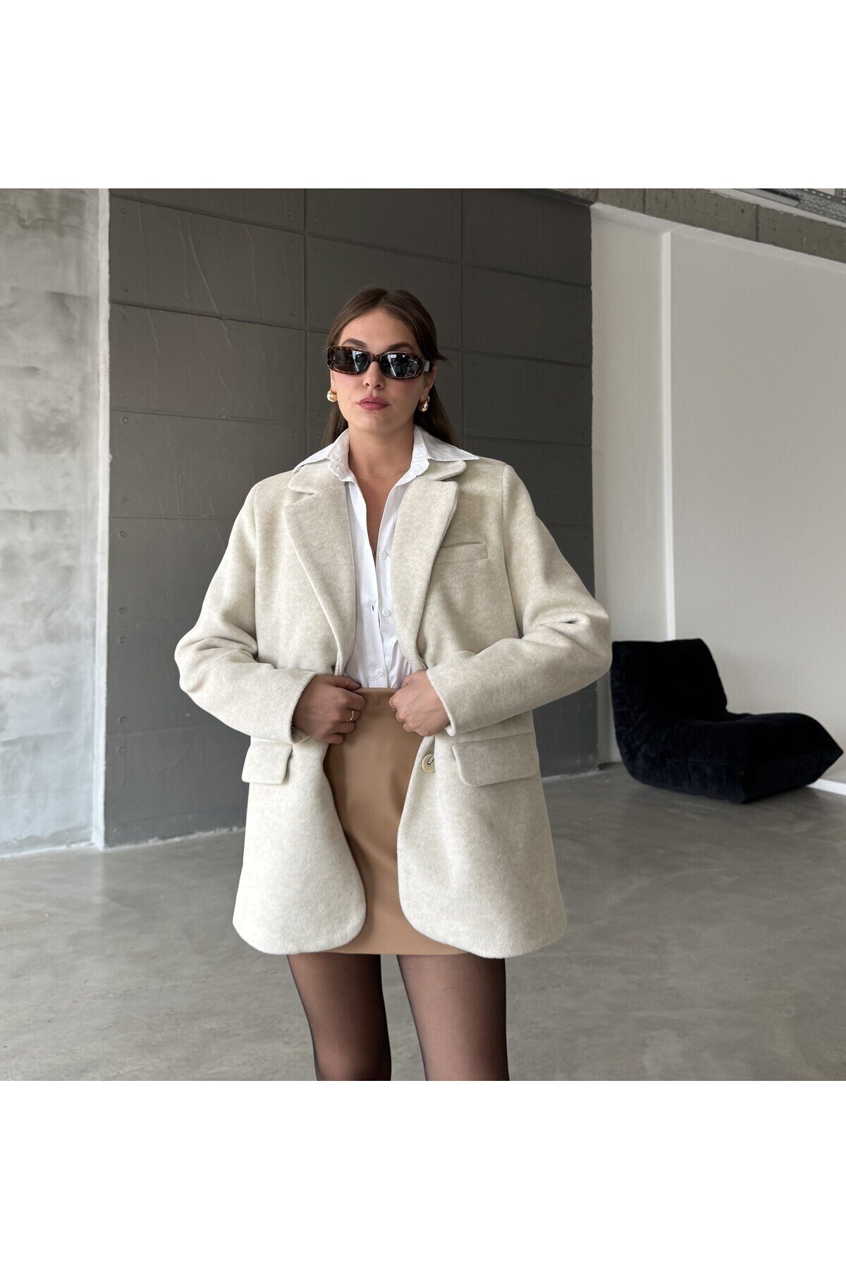 Kadın Bej Cep Detaylı Oversize Blazer Ceket