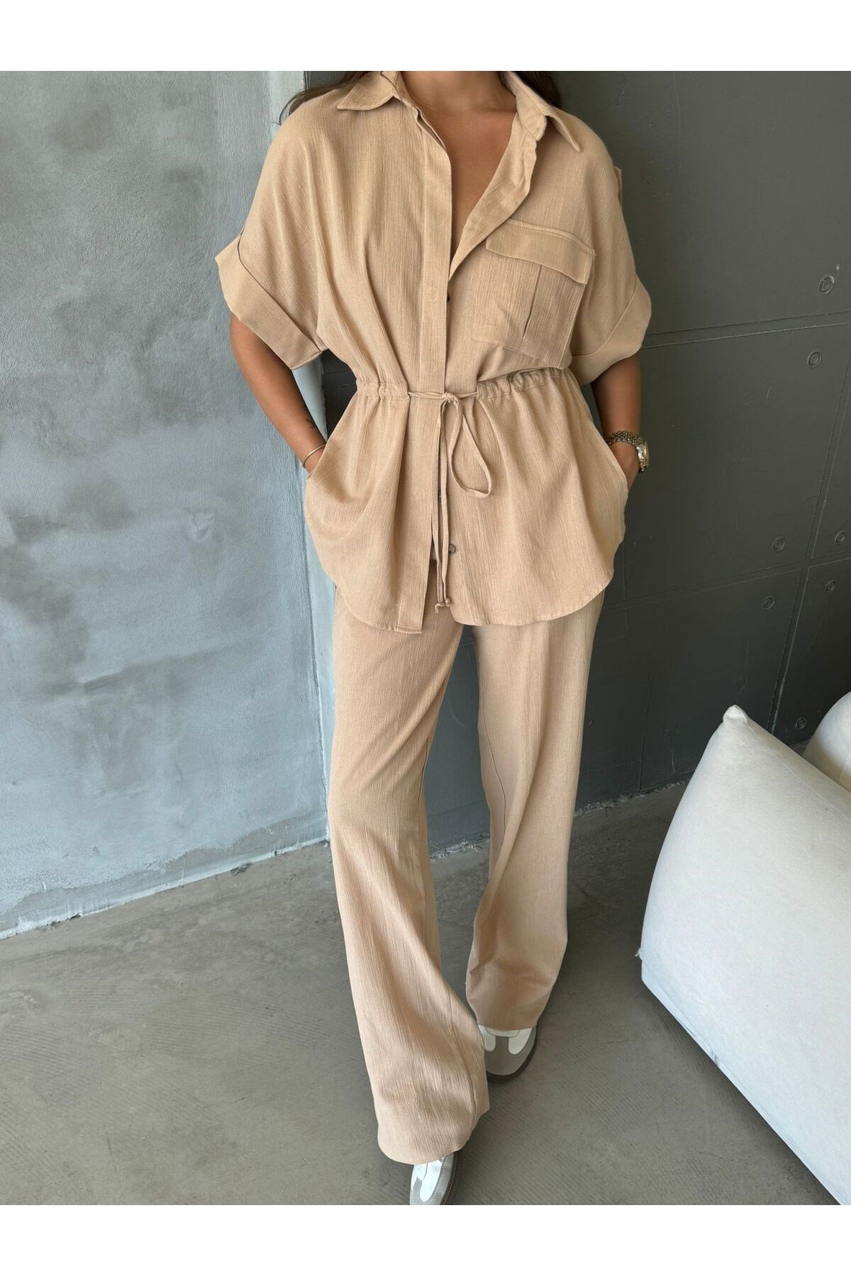 Kadın Camel Belden Bağlama Detaylı Gömlek Pantolon Takım