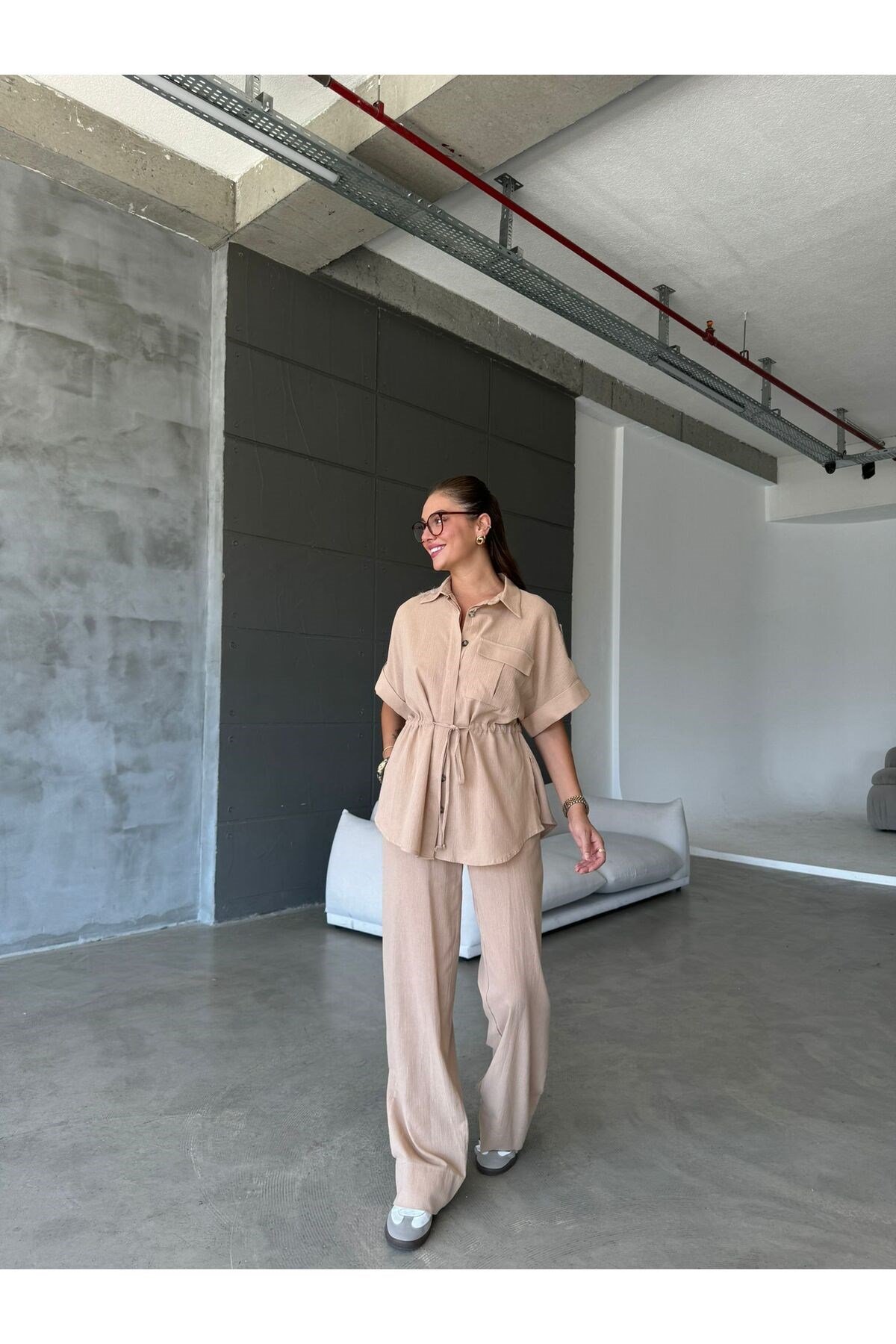 Kadın Camel Belden Bağlama Detaylı Gömlek Pantolon Takım