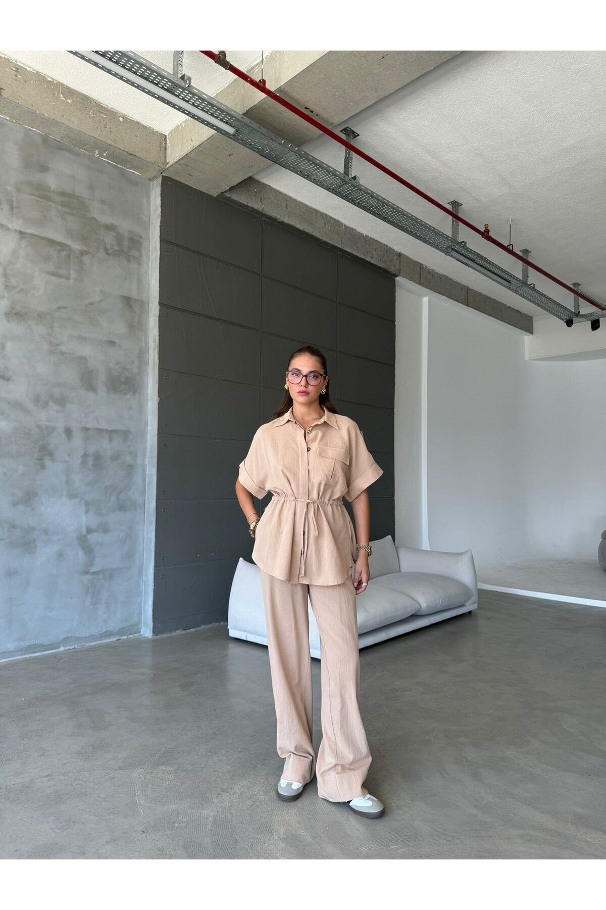 Kadın Camel Belden Bağlama Detaylı Gömlek Pantolon Takım