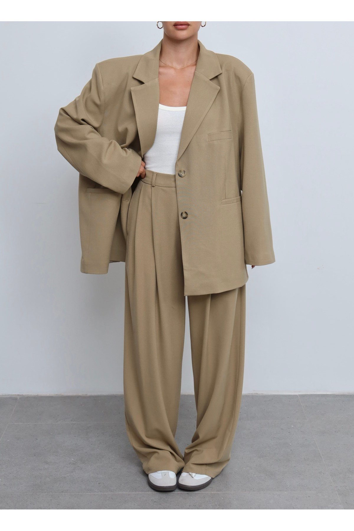 Kadın Camel Çift Düğme Detaylı Ekstra Oversize Blazer Ceket