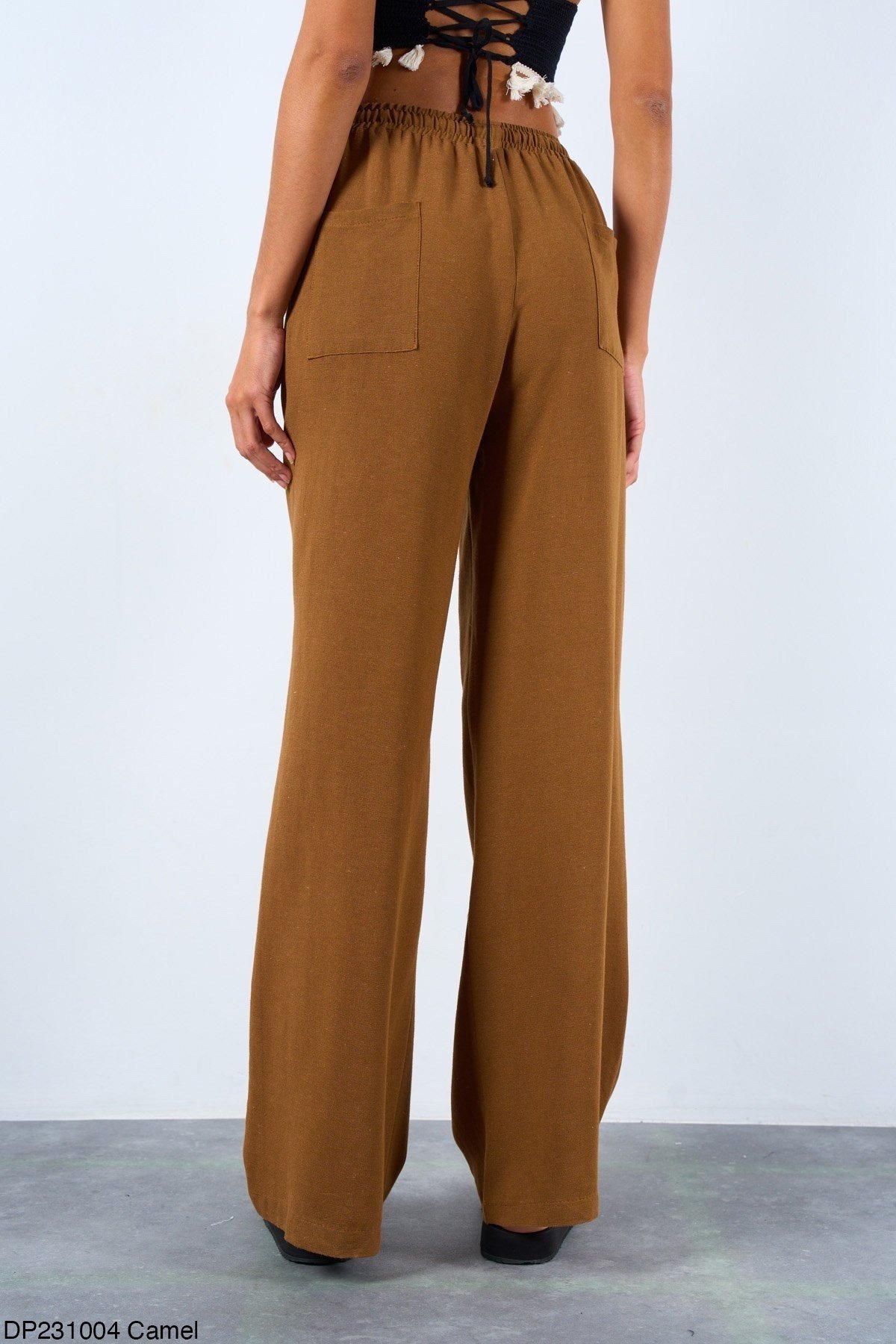 Kadın Camel Keten Beli Lastikli Geniş Kesim Pantolon