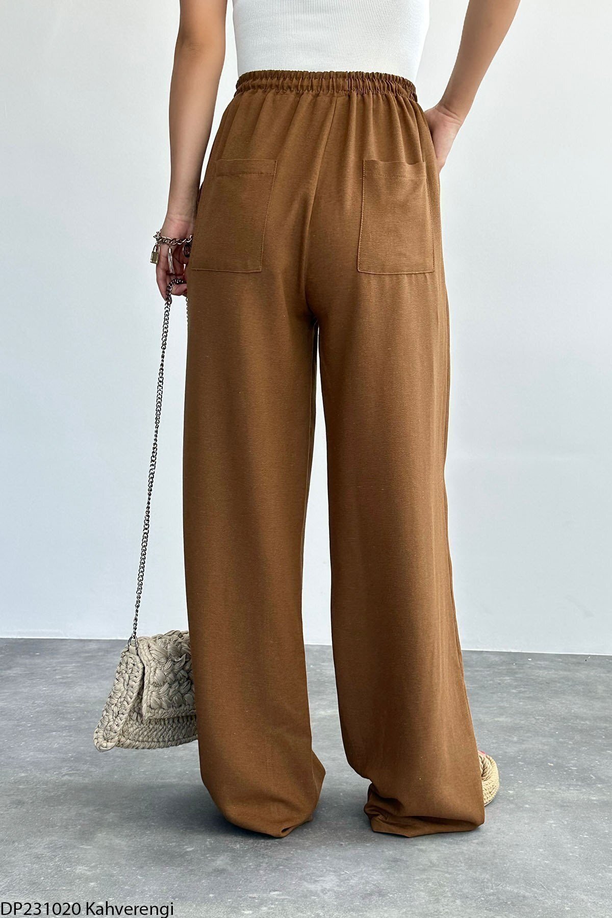 Kadın Camel Keten Beli Lastikli Geniş Kesim Pantolon