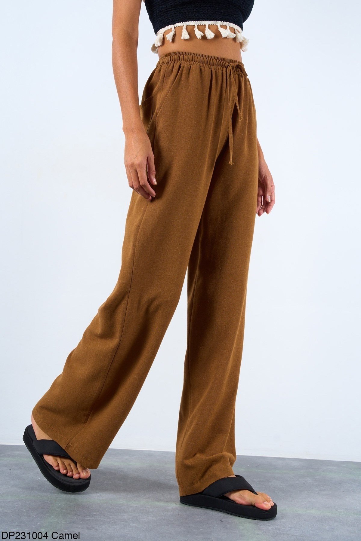 Kadın Camel Keten Beli Lastikli Geniş Kesim Pantolon