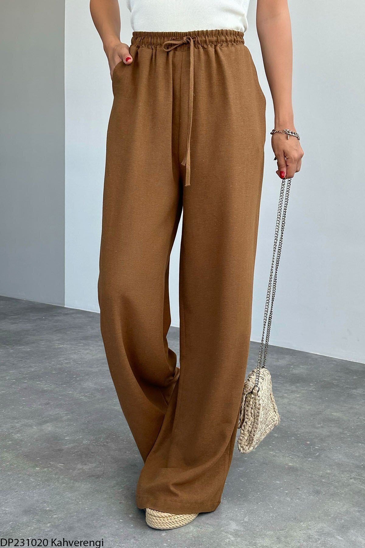 Kadın Camel Keten Beli Lastikli Geniş Kesim Pantolon