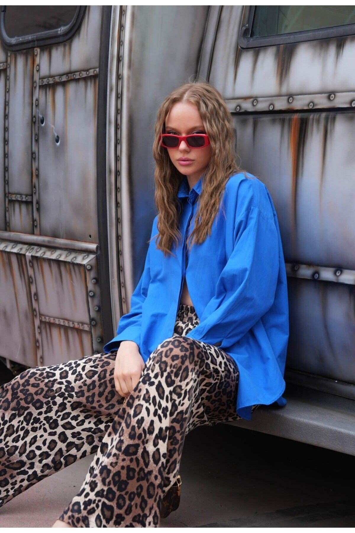 Kadın Camel Leopar Desenli Beli Lastikli Geniş Kesim Bol Paça Pantolon