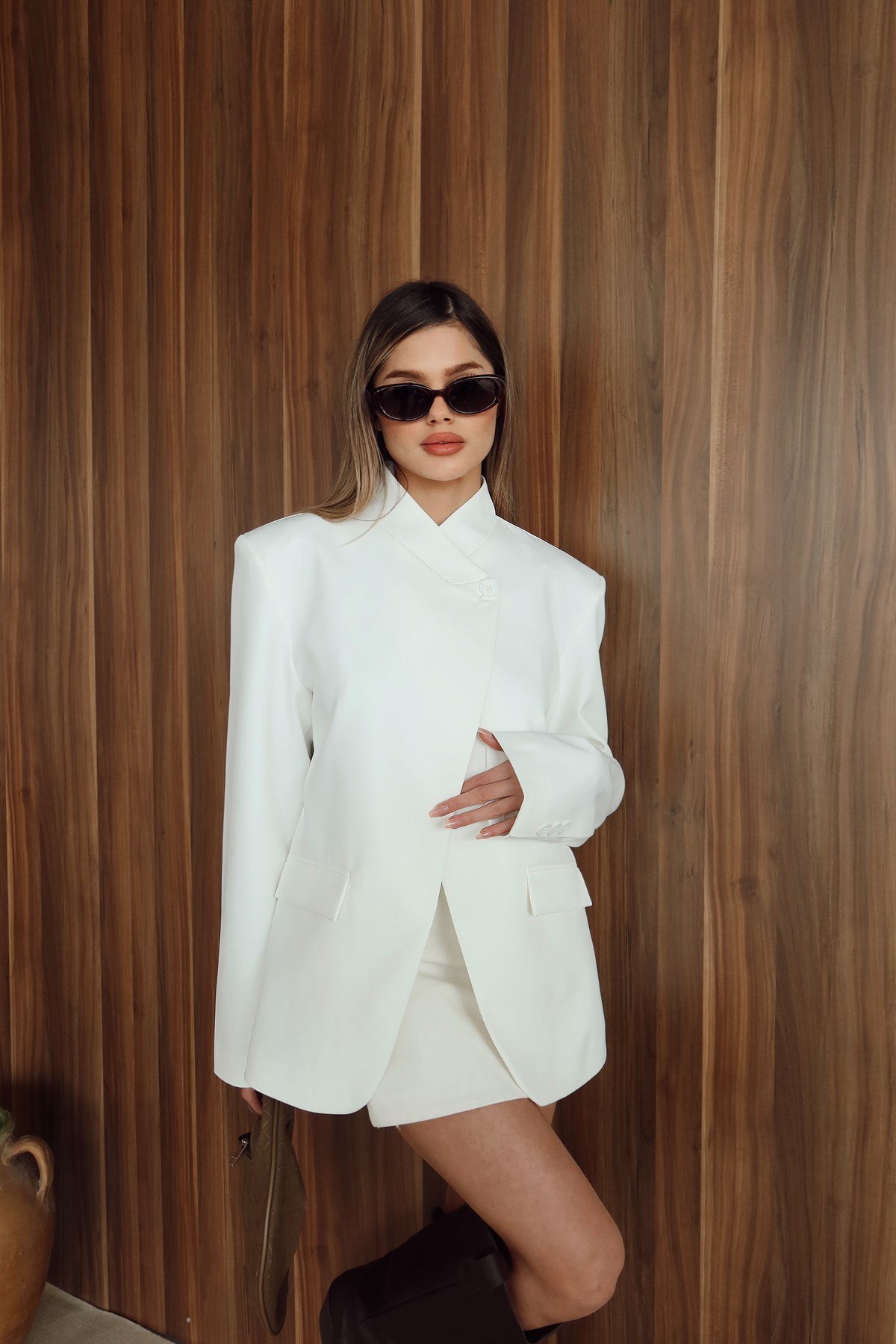 Kadın Ekru Yandan Düğme Detaylı Blazer Ceket