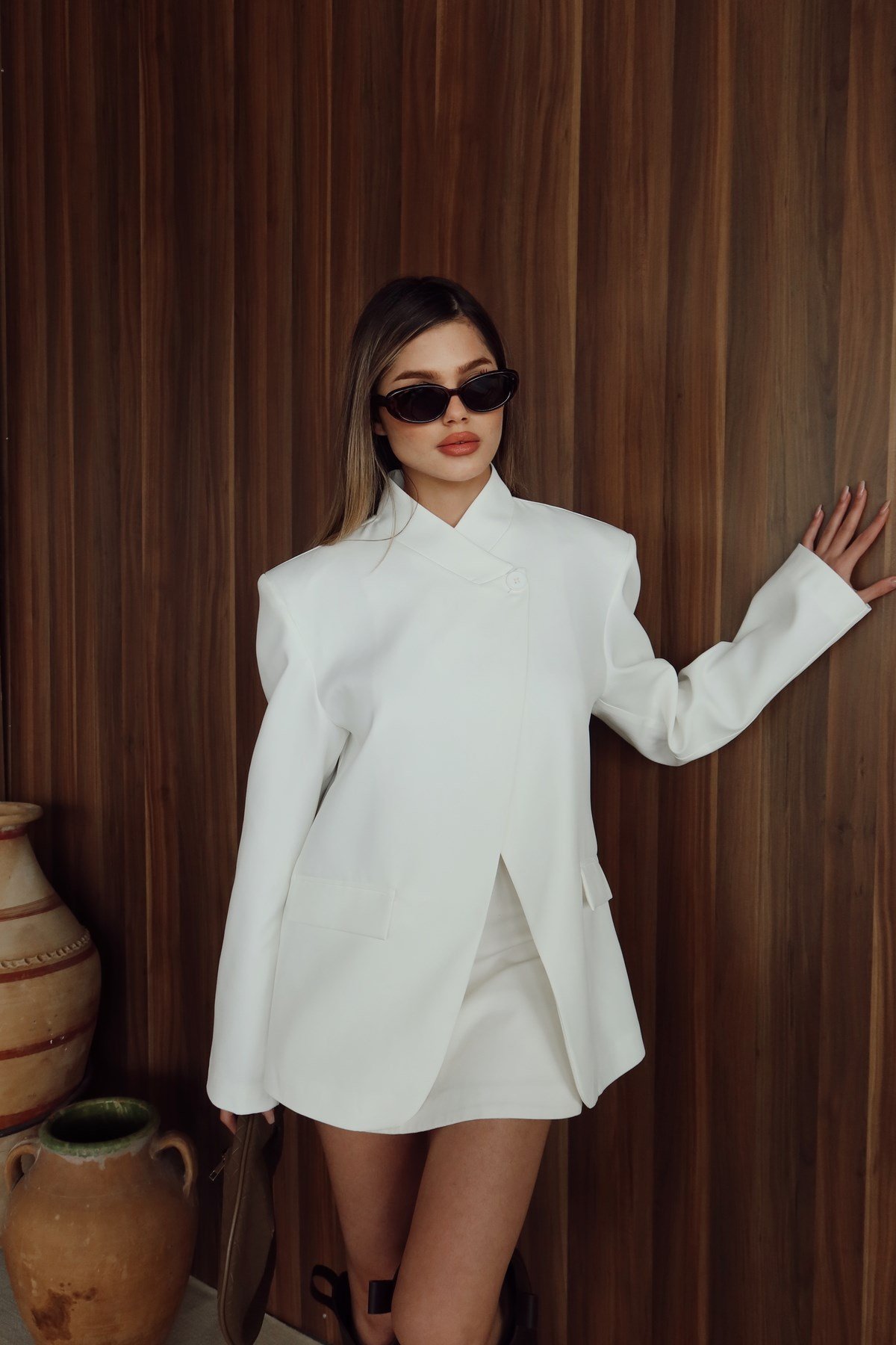 Kadın Ekru Yandan Düğme Detaylı Blazer Ceket