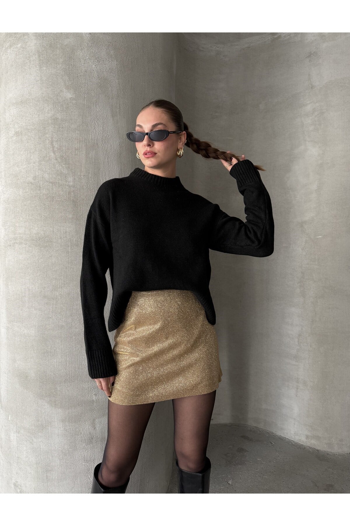 Kadın Gold Simli Yüksek Bel Içi Şort Detaylı Mini Etek