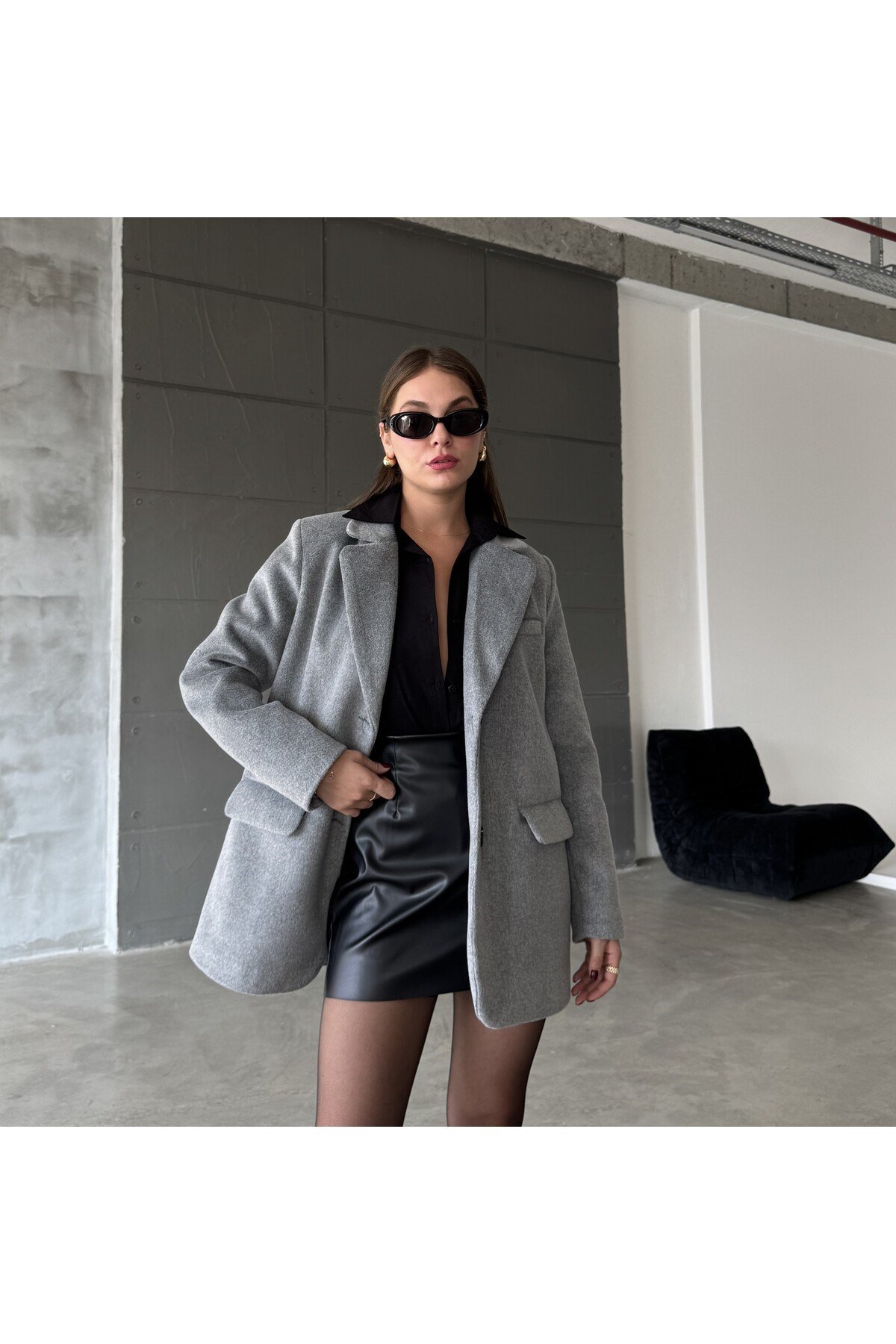 Kadın Gri Cep Detaylı Oversize Blazer Ceket
