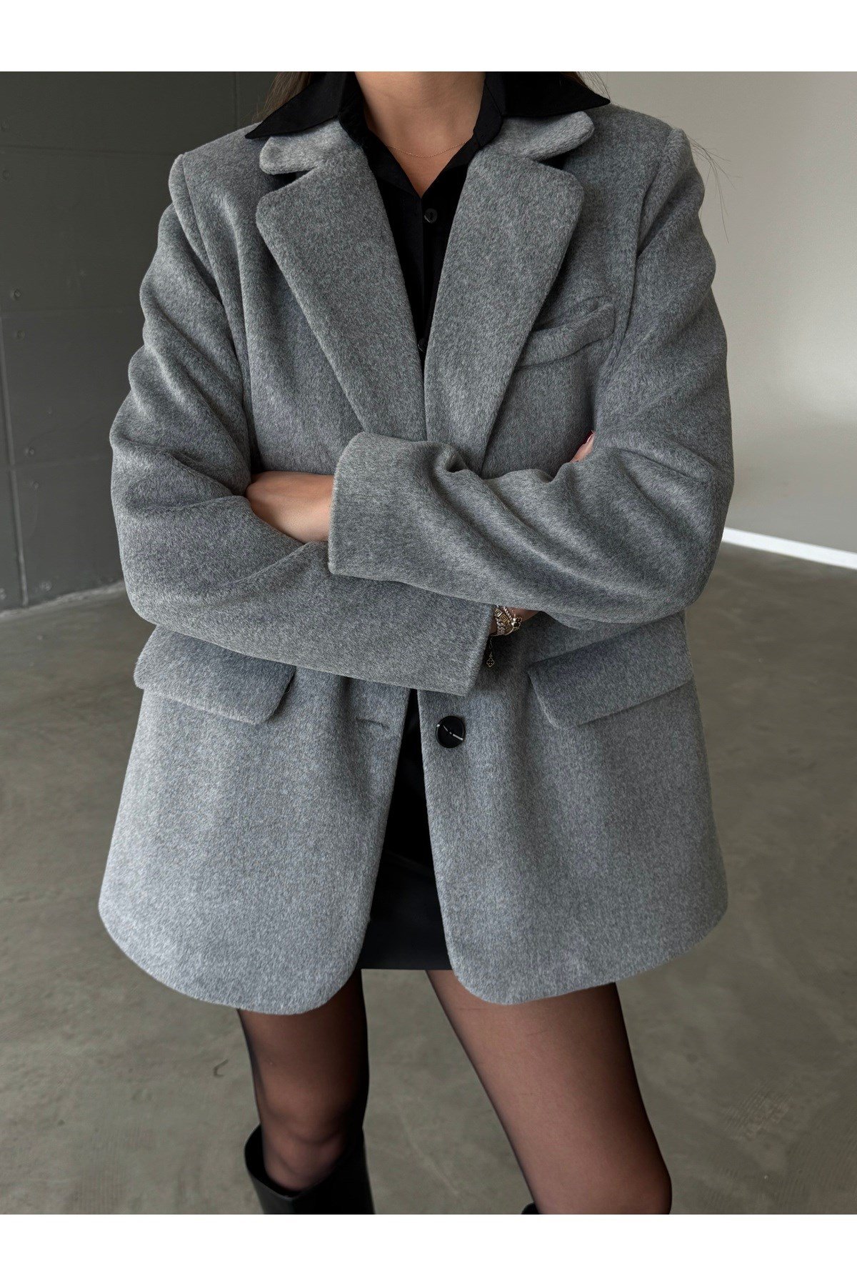 Kadın Gri Cep Detaylı Oversize Blazer Ceket