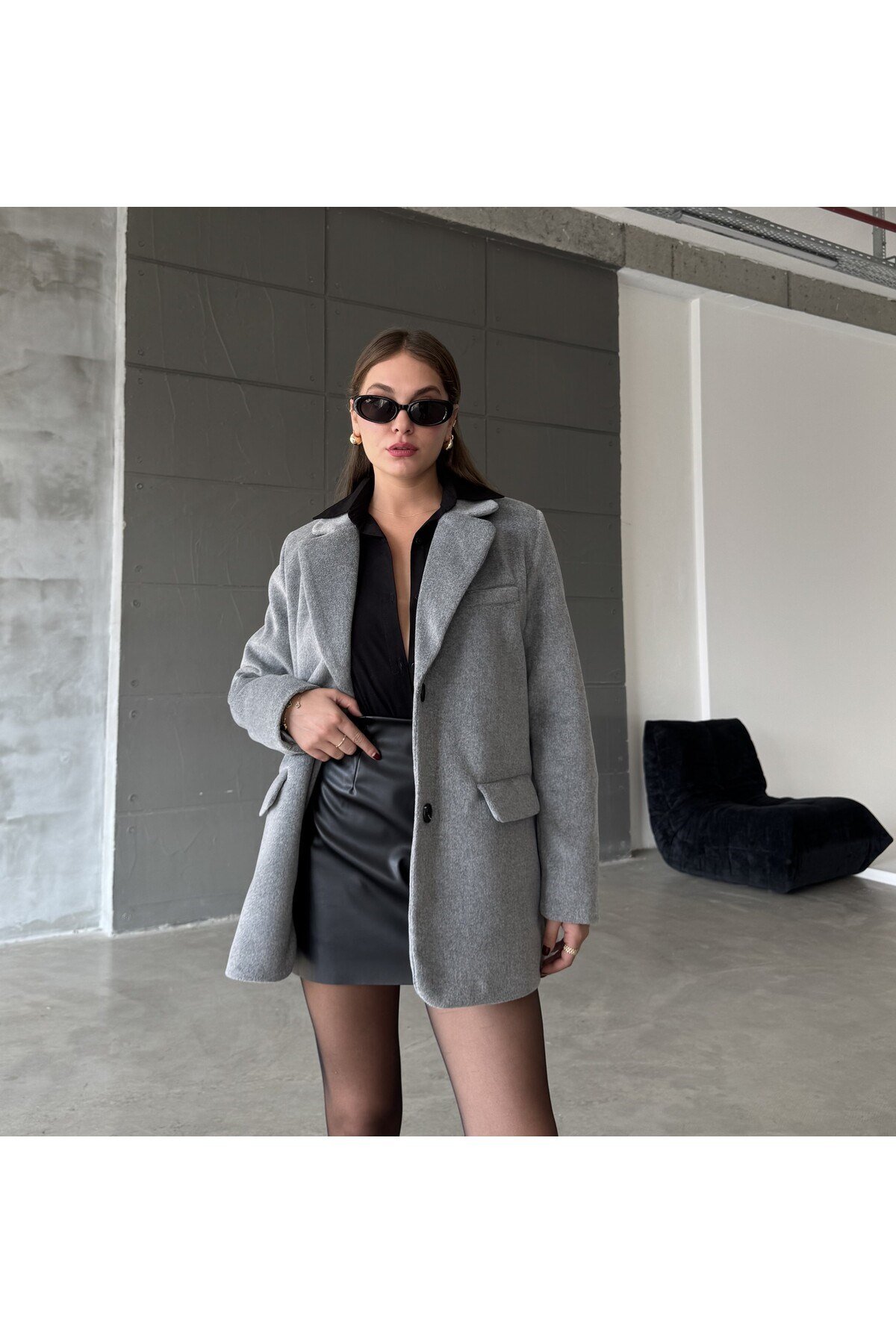 Kadın Gri Cep Detaylı Oversize Blazer Ceket