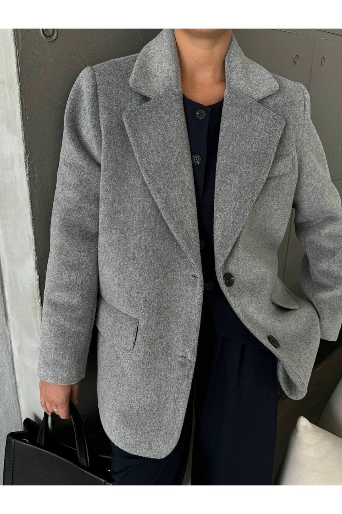 Kadın Gri Cep Detaylı Oversize Blazer Ceket