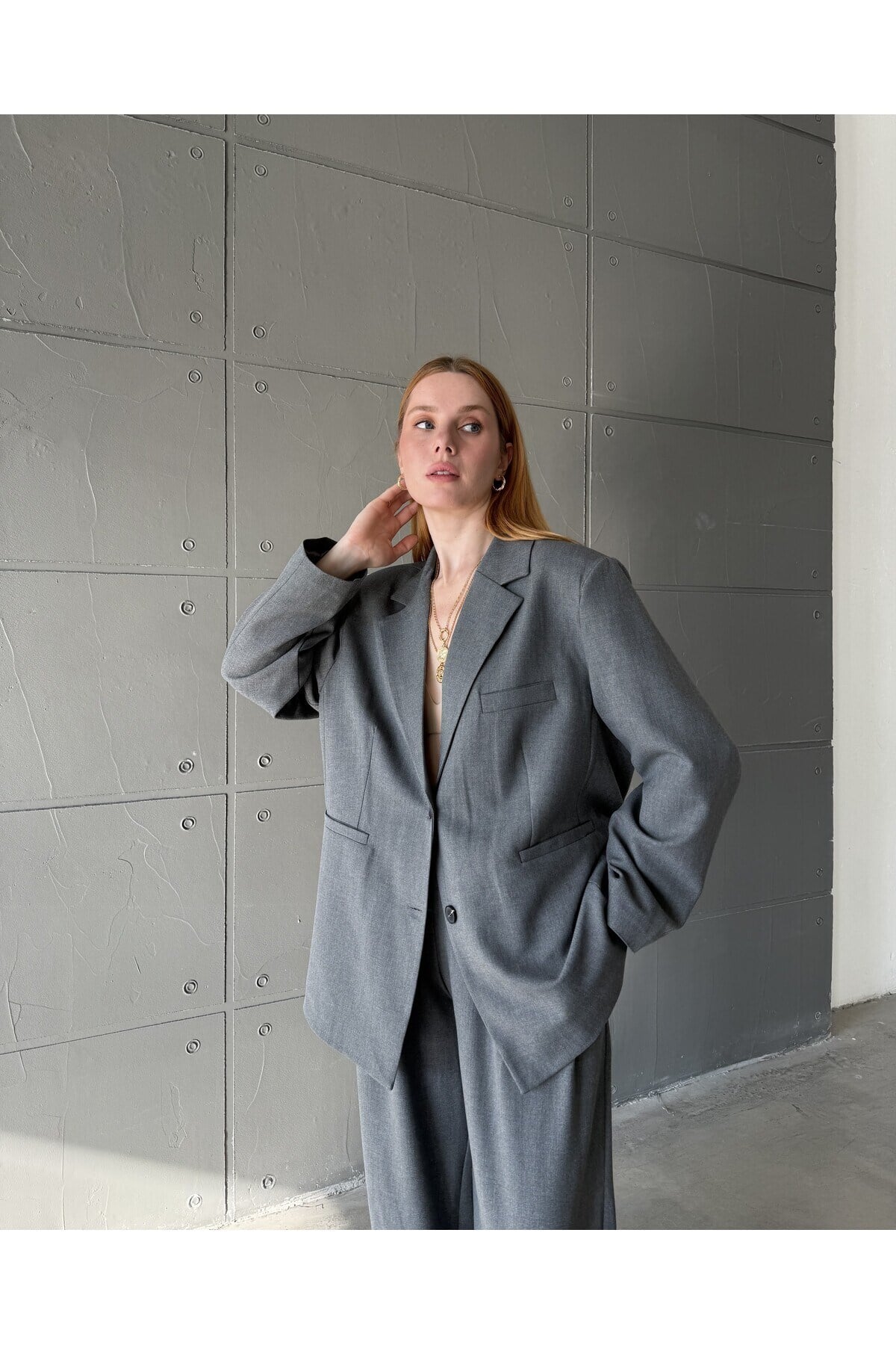Kadın Gri Çift Düğme Detaylı Ekstra Oversize Blazer Ceket