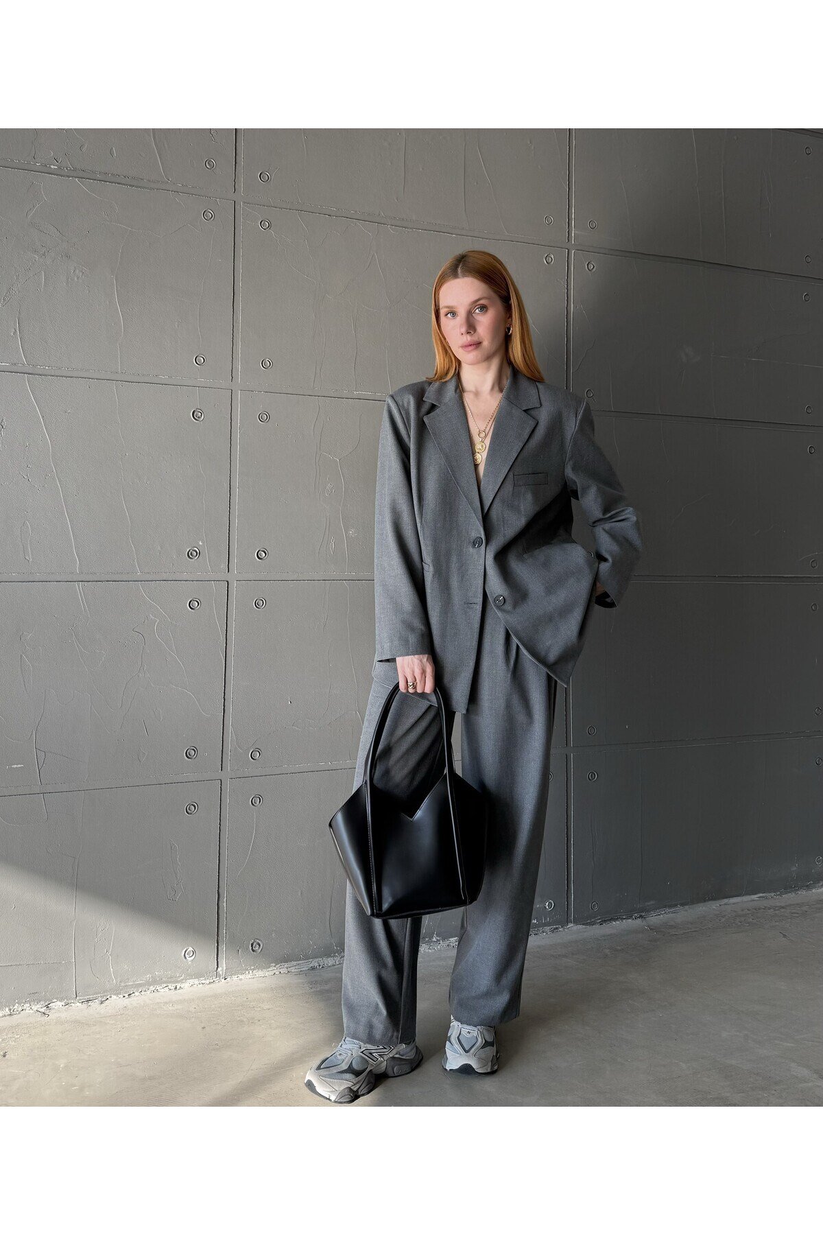 Kadın Gri Çift Düğme Detaylı Ekstra Oversize Blazer Ceket
