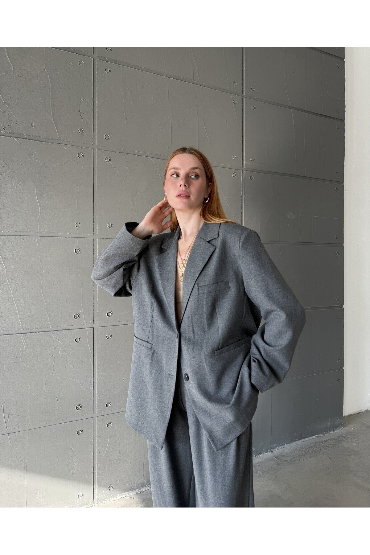 Kadın Gri Çift Düğme Detaylı Ekstra Oversize Blazer Ceket