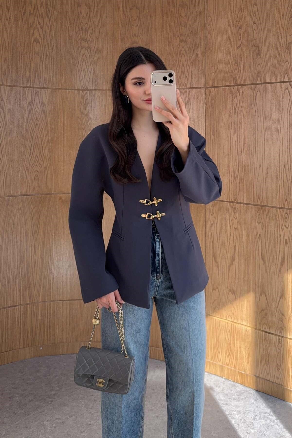 Kadın Lacivert Gold Kanca Düğmeli Balon Kol Detaylı Blazer Ceket