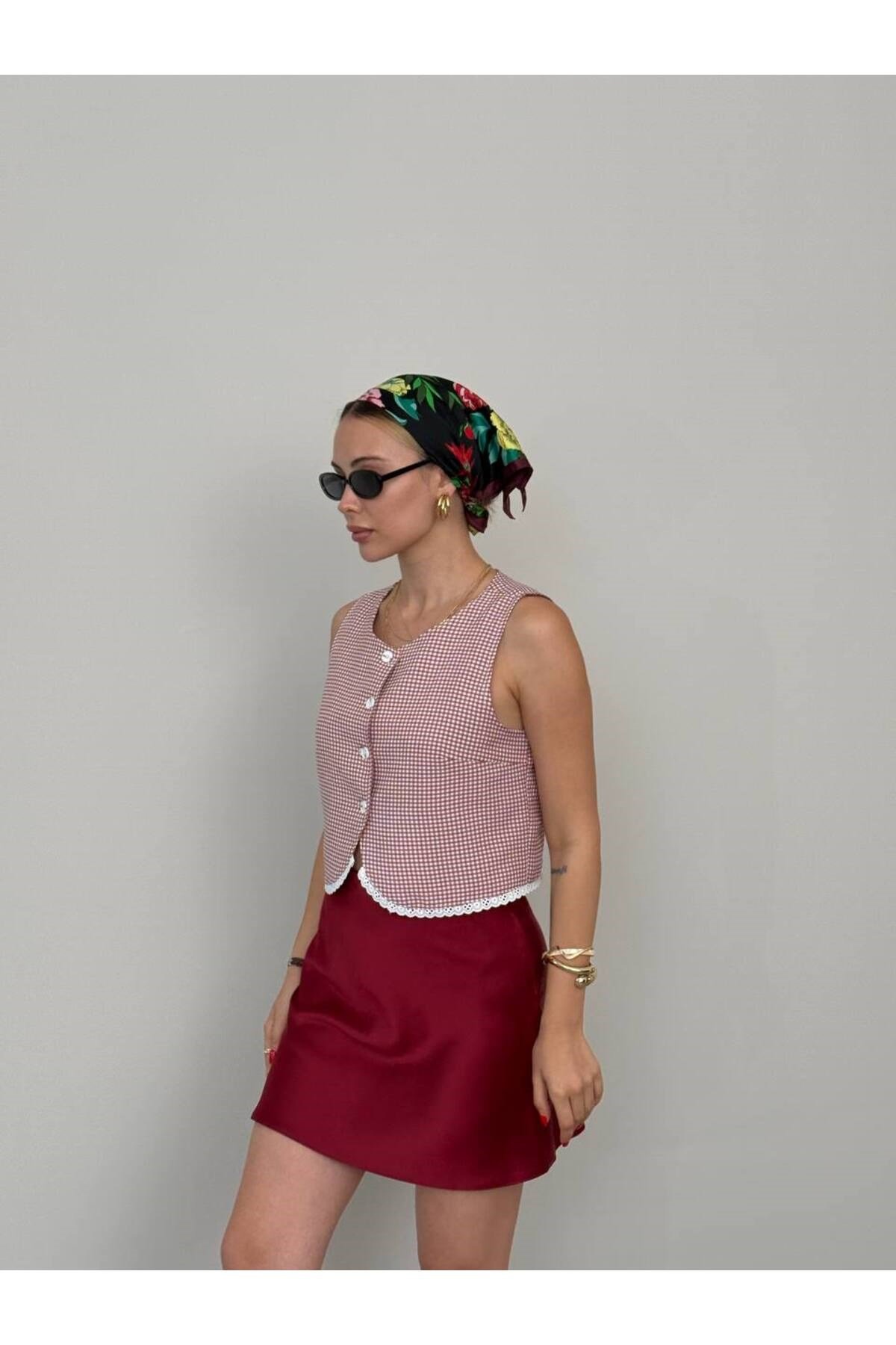 Kadın Pembe Bisiklet Yaka Pötikareli Crop Yelek