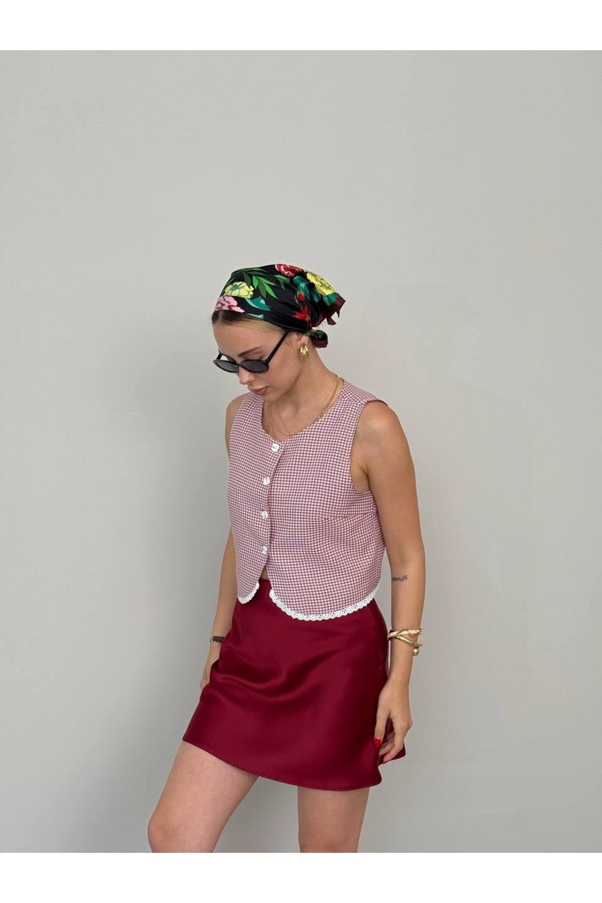 Kadın Pembe Bisiklet Yaka Pötikareli Crop Yelek