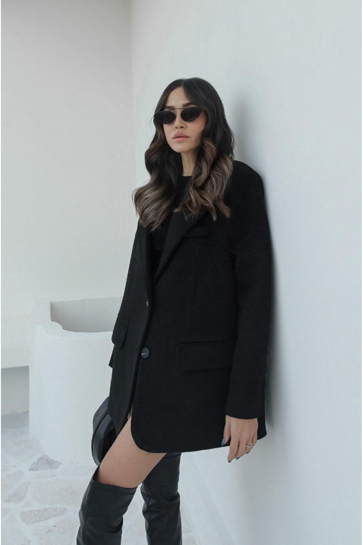 Kadın Siyah Cep Detaylı Oversize Blazer Ceket