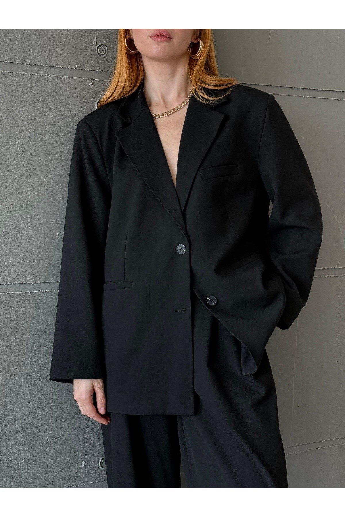 Kadın Siyah Çift Düğme Detaylı Ekstra Oversize Blazer Ceket