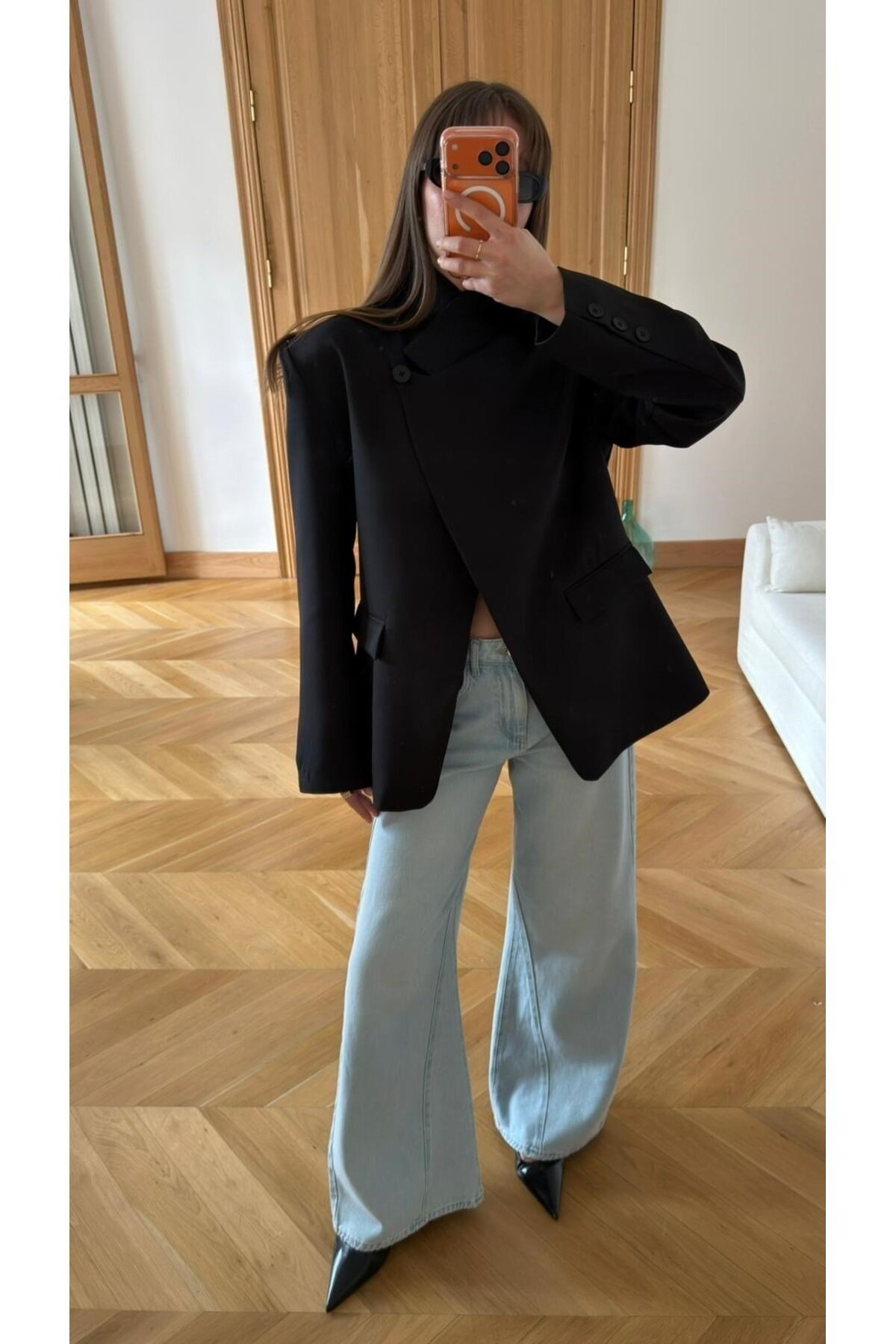 Kadın Siyah Yandan Düğme Detaylı Blazer Ceket