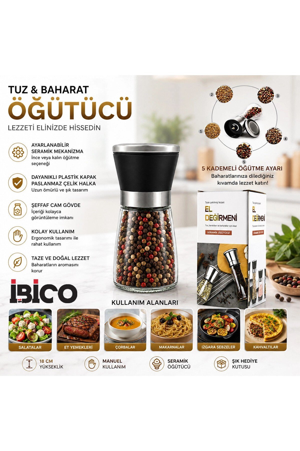 Hand Grınder Küçük Cam Hazneli - Pls.kapaklı - Krom Belli Tuz - Baharat Öğütücü Bx40