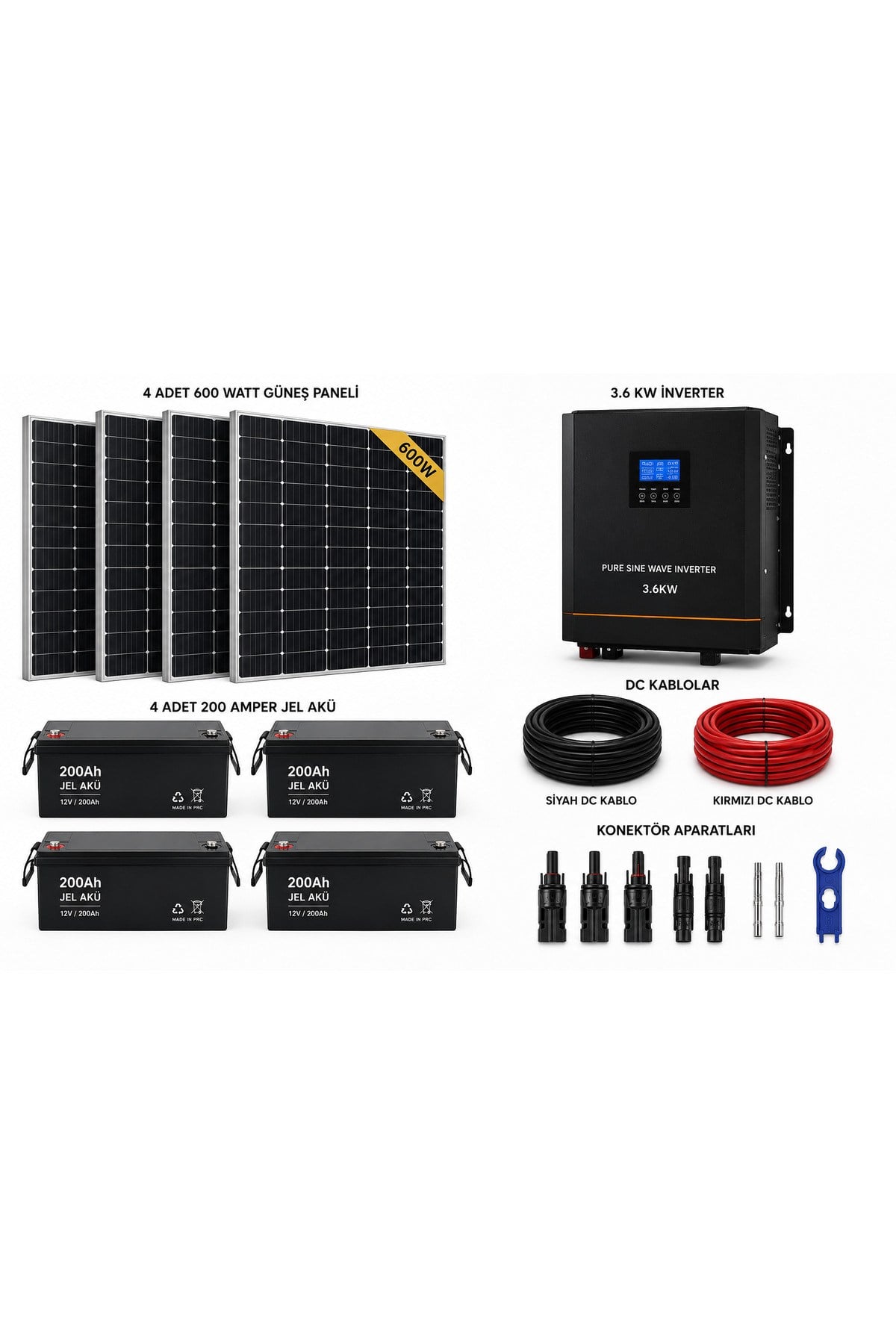 Halfcut Bağ Evi Paketi 3,6kW İnverter 4x600Watt Panel 4x200Ah Jel Akü