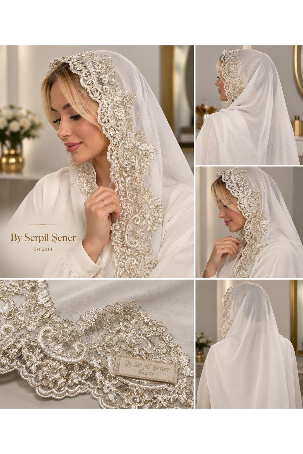 Fransız Dantelli Ekru Gold İşlemeli Şal – Mevlüt-Çeyiz-Nikah-Özel Gün Şalı-(188-76 cm uzun ölçülüdür) Kenarı kıvırma dikimdir.