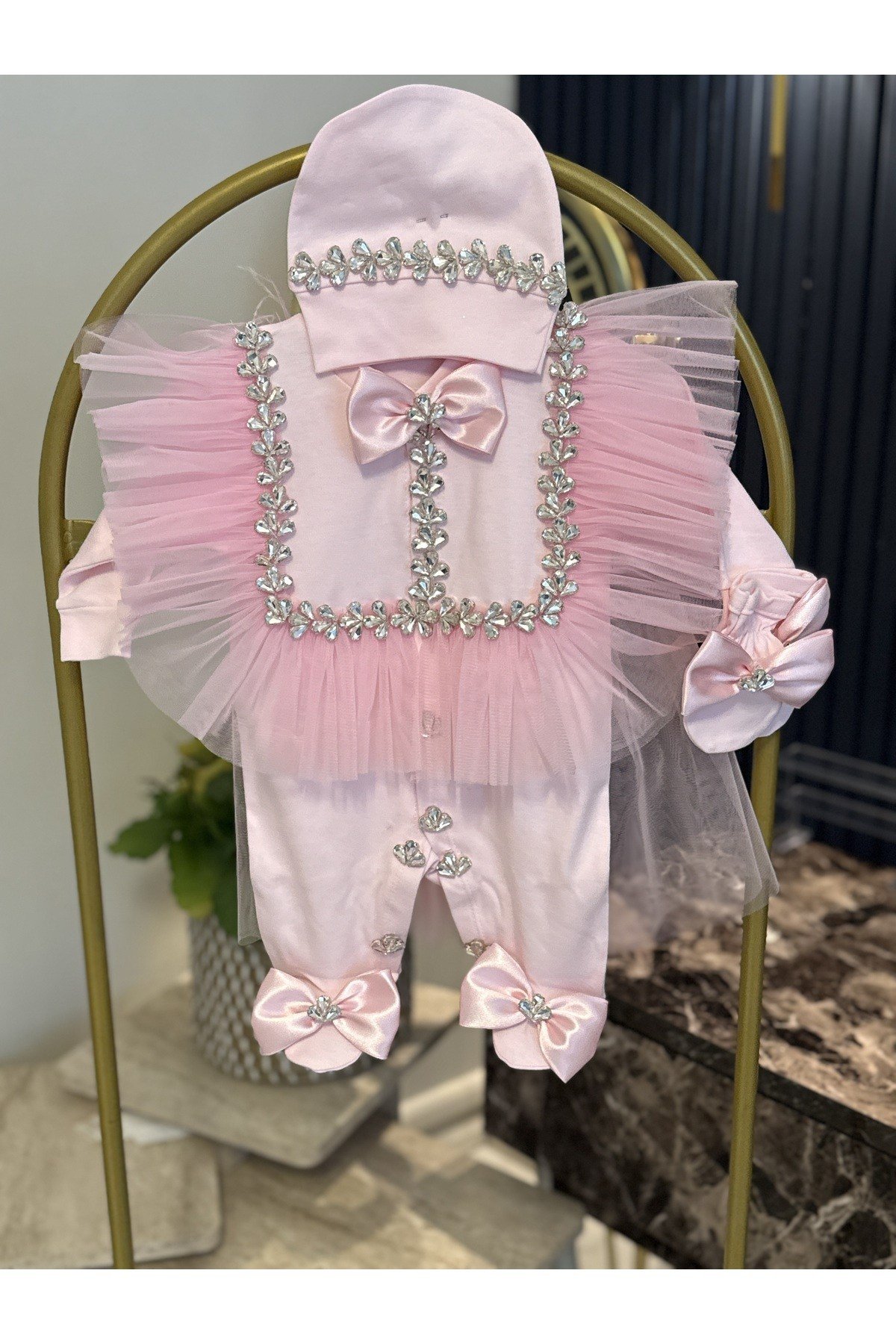 Pembe kız Hastane çıkışı- Yenidoğan tulum Takımı- süslü bebek tulumu